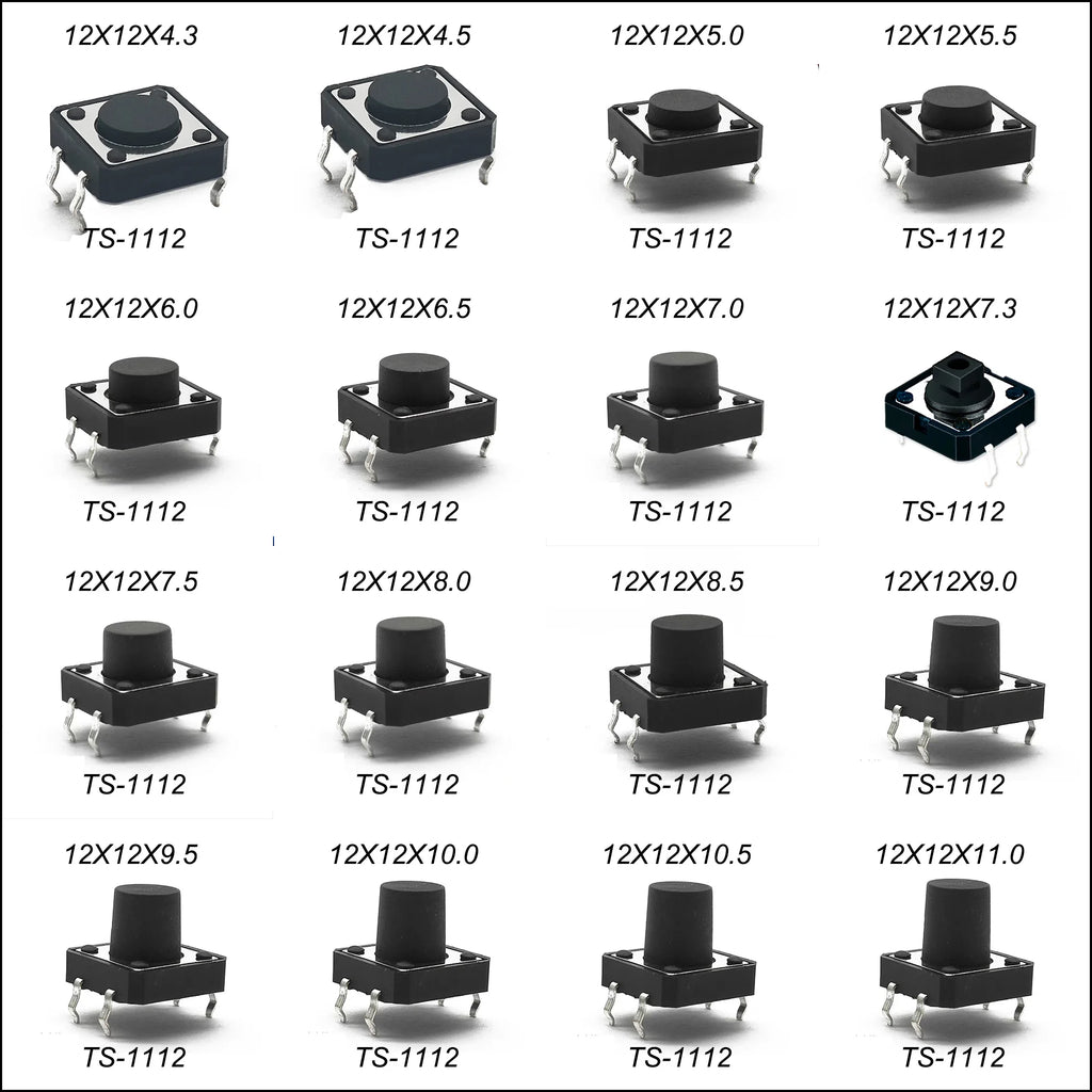 10PCS 12X12 H=4.3/4.5/5/5.5/6/7/8/9/10/11/12/13/14/15/16/17MM 4PIN DIP Momentary Tactile Tact Switch Push Button Switch Black
