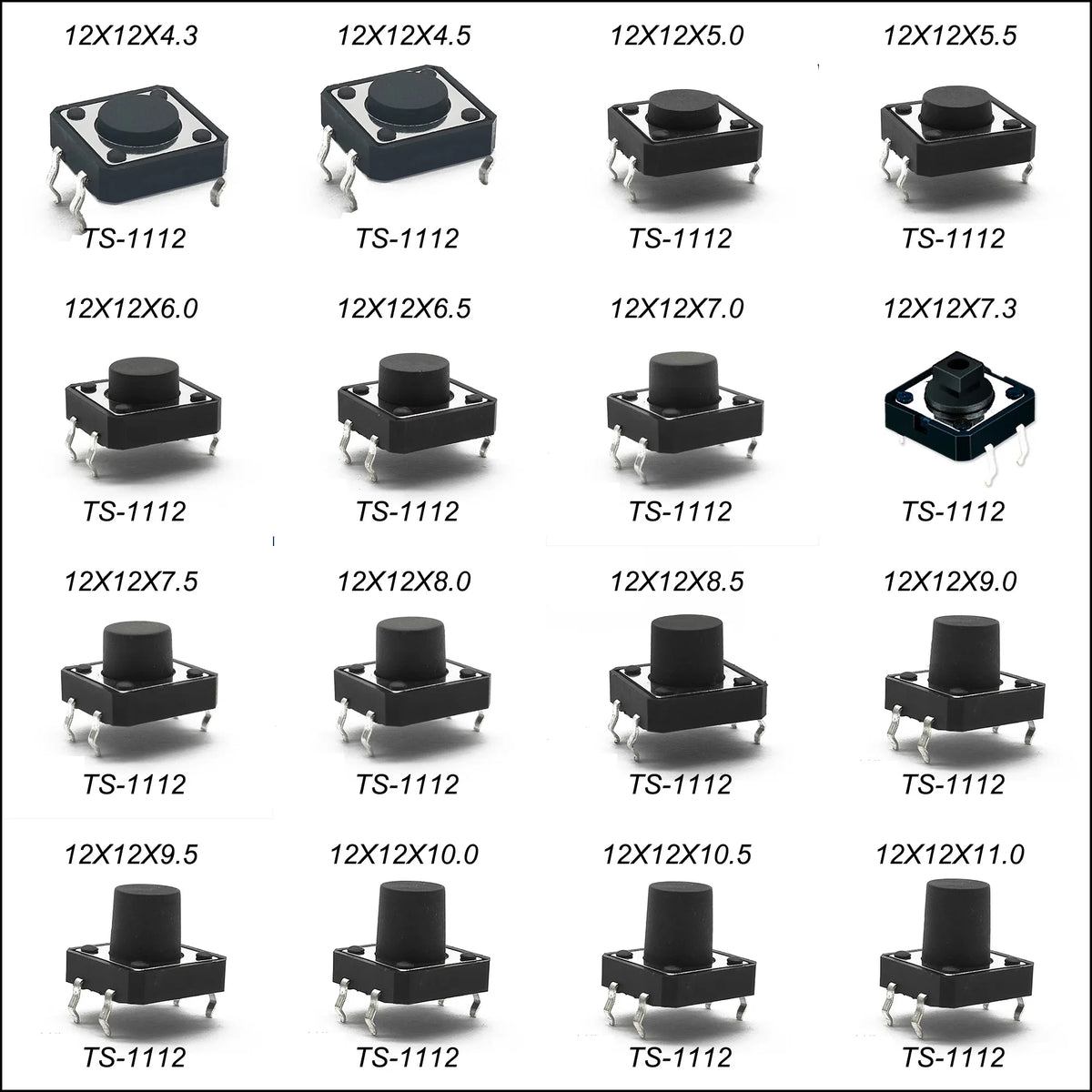 10PCS 12X12 H=4.3/4.5/5/5.5/6/7/8/9/10/11/12/13/14/15/16/17MM 4PIN DIP Momentary Tactile Tact Switch Push Button Switch Black