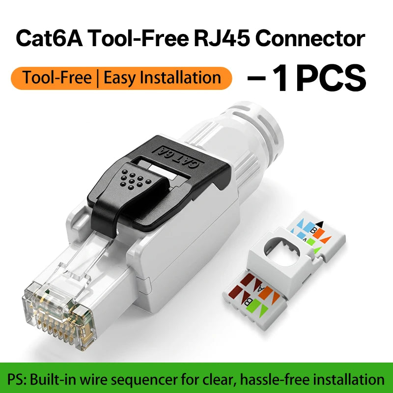 BYXGD Cat6A Tool-Free RJ45 Connector Reusable 50µ Gold-Plated | 10Gbps Anti-Unplug | T568A/B | Industrial Grade Network Plug