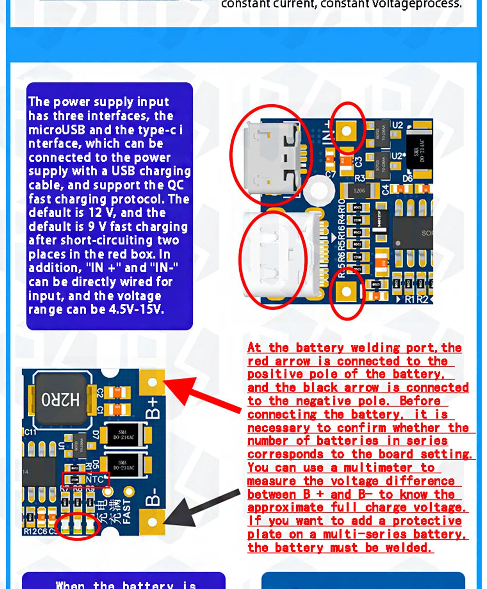Type-C USB 2S 3S 4S  BMS 4.5V-15V 18W 2A Lithium Battery Charging Module Support QC Fast Charge With Temperature Protection