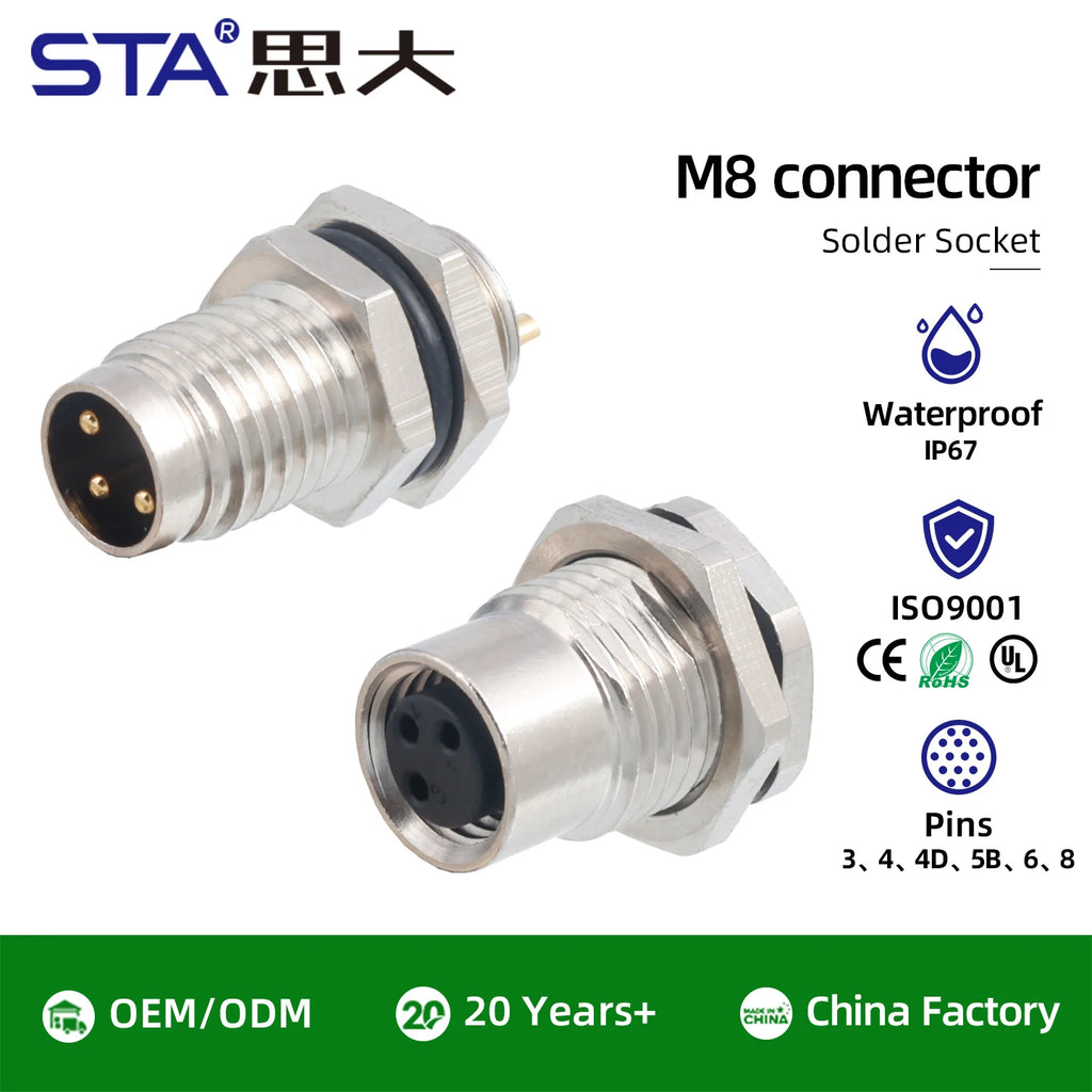 M8 IP67 Waterproof Circular Connector 3 4 5 6 8 Pin Front Rear Panel Mount Solder Industrial Socket Screw M8 M10 M11 M12