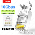 JEYI 100PCS Shielded RJ45 Cat7 Pass Through connectors 8P8C Gold Plated 2-Pc Pass Through Modular Data Plug Network Modular Plug
