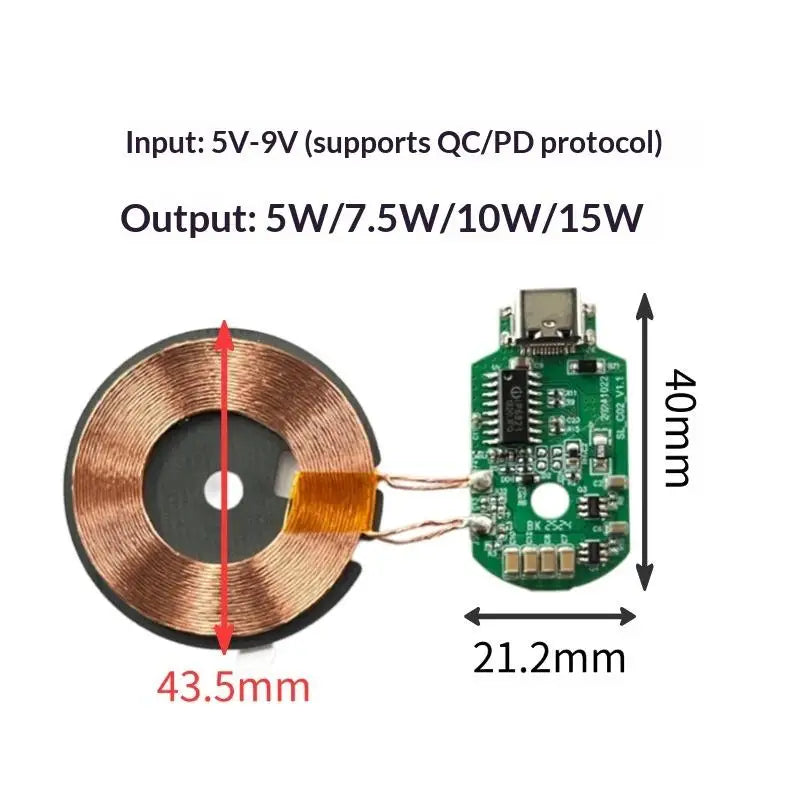 1Pcs Standard Wireless Charging TYPE-C MICRO-USB 5V 9V 15W Wireless Charger Module Transmitter PCBA Circuit Board Coil