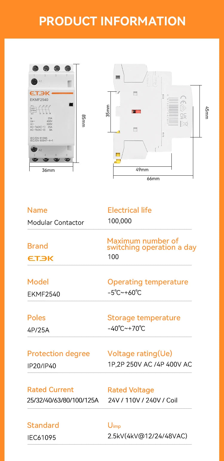 ETEK Modular Contactor Din Rail Automatic 2P 4P 230V Single-phase Three-phase 16A/20A/25A/40A/63A  EKMF