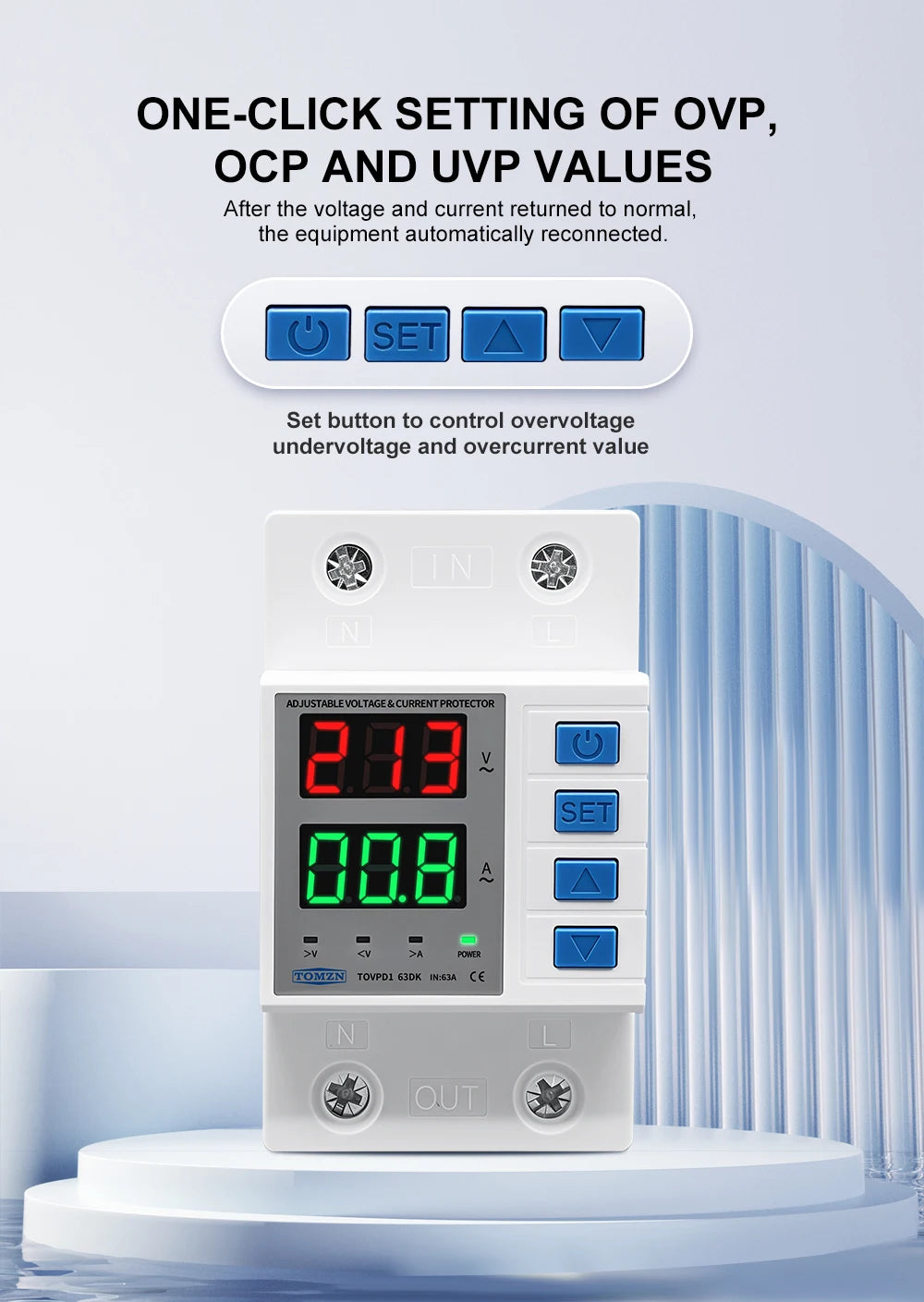 TOMZN TOVPD1-63DK Isolate L N 110V 230V AC Din Rail OVP OCP UVP Voltage Protector 63A Relay Automatic Adjustable Delay-ON