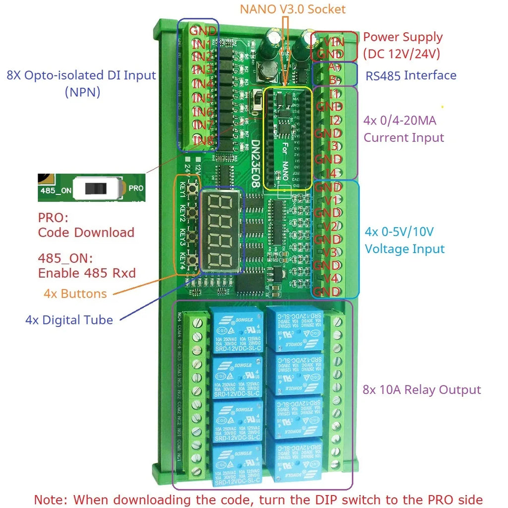 Arduino NANO V3.0 IO Board DC12V/24V RS485 8CH Relay 4-20mA 0-10V Analog Input Opto Isolated Simple PLC Timer Module