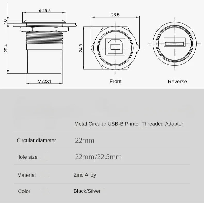 1PCS 22mmc Metal Round D-type Module B-USB USB-B B-A Printing Adapter Cabinet Fast