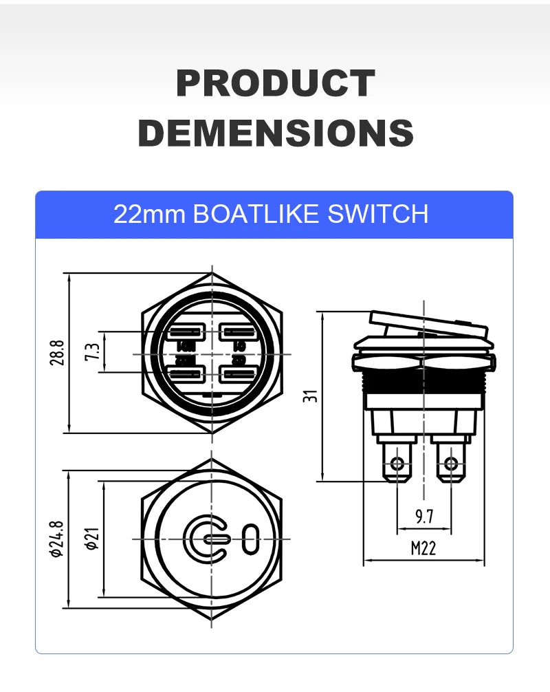 Metal Toggle Rocker Switch On Off 220v 12v 6v 22mm 2NO 4pin Latching Fixed 16A High Current LED Light Switch Car Boat Motorcycle