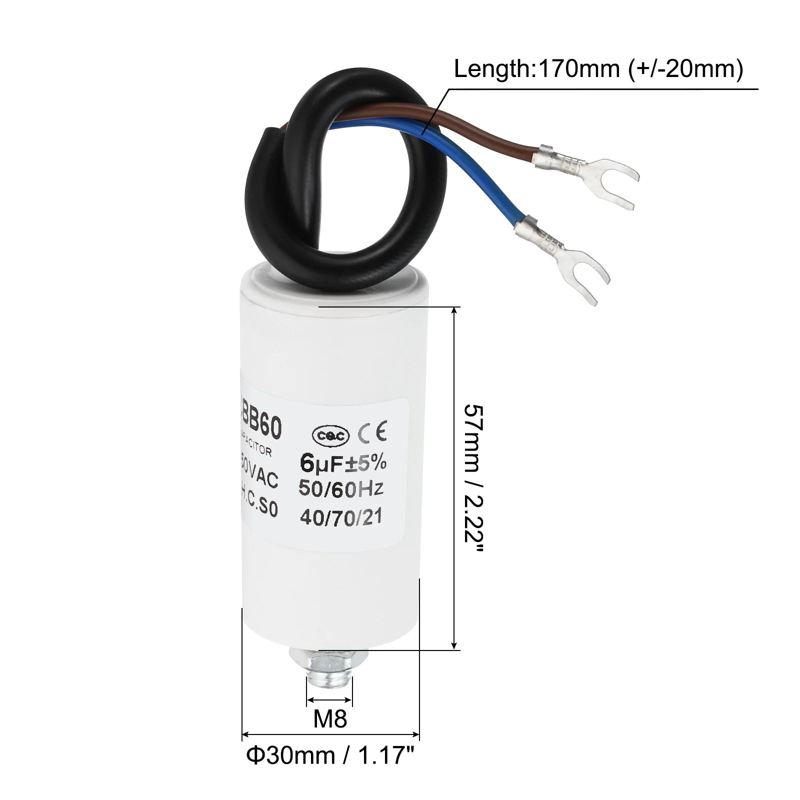 5-22uf CBB60 Run Capacitor AC 450V U Terminal Wires 50/60Hz Cylinder Bottom with M8 Screw for Washing Machine Pump Motor Star