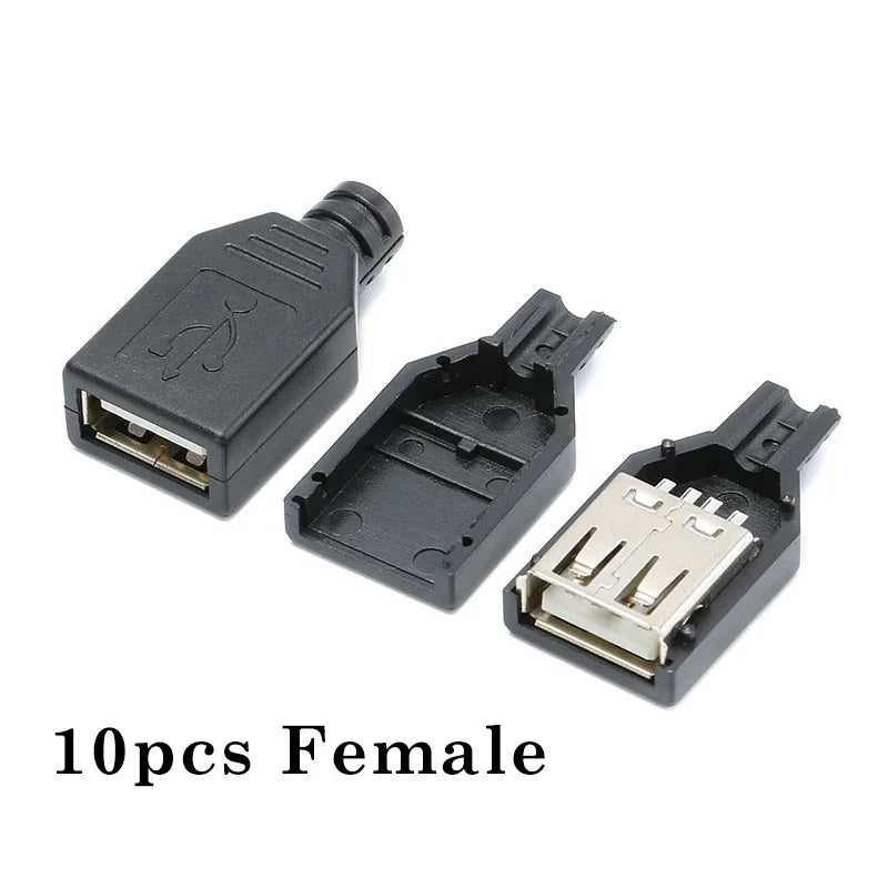 Type A Male Female USB 4 Pin Plug Socket Connector With Black Plastic Cover Type-A DIY Kits