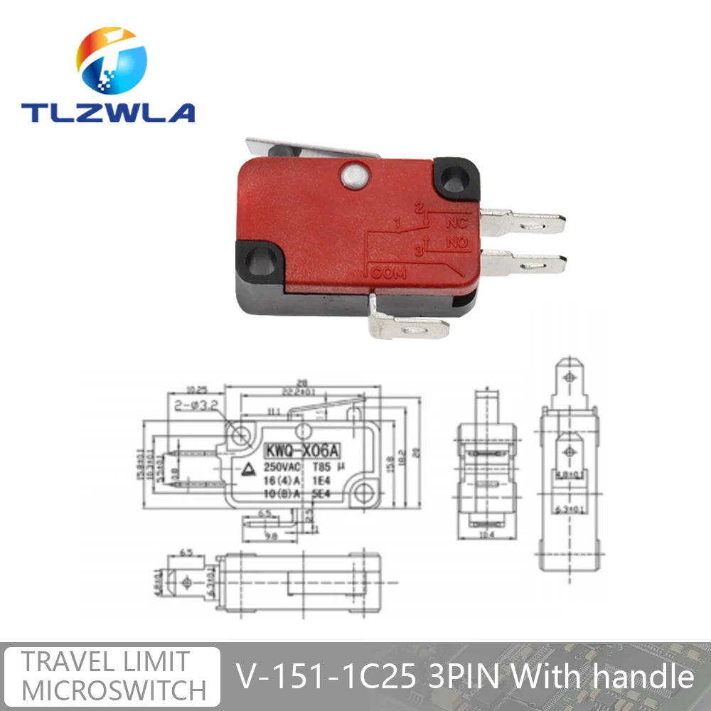 16A 250VAC SPDT Momentary Travel Limit Micro Switch 1NO1NC 3/6Pin Lever Roller V-15 V-151 V-152 V-153 V-154 V-155 Microswitch