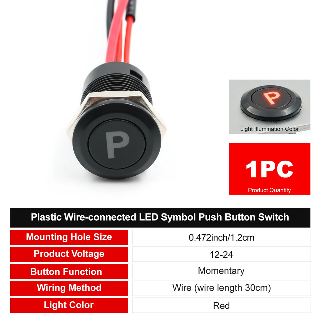 12mm Plastic Push Button Switch IP65 Waterproof 12V 24V Pre-Wired Symbol LED Dash Indicator Switch for Car Marine Boat RV Truck