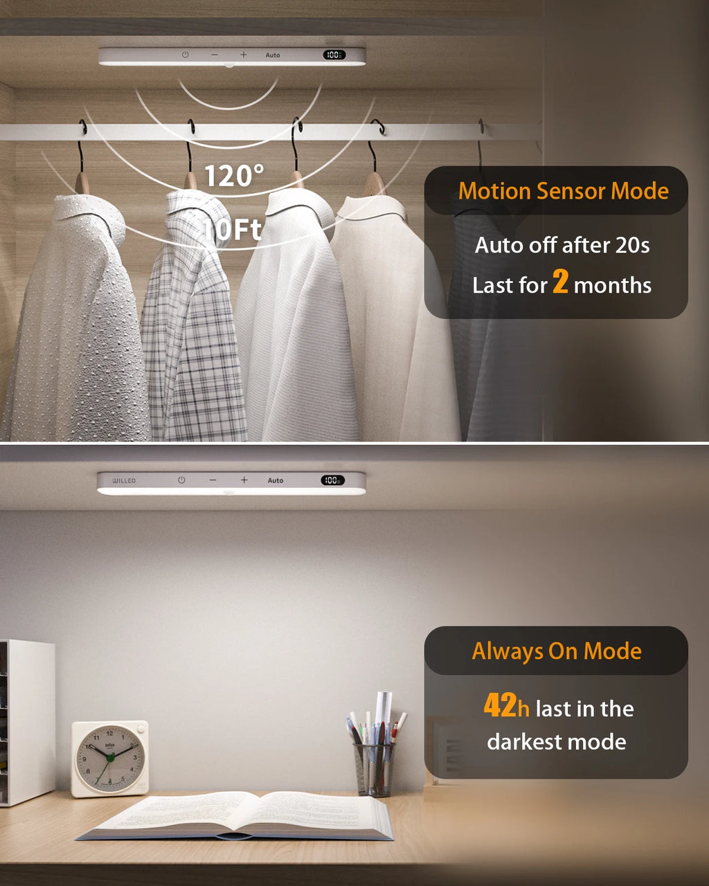 WILLED Under Cabinet Lights Rechargeable Battery Display 60 LED Touch Light Bar Motion Sensor Light Closet Light Night Lights