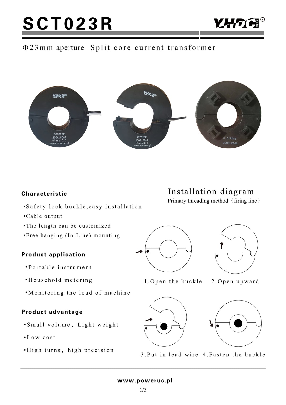 YHDC SCT023R Input 100A/200A/300A/400A Output 50mA/80mA/100mA  Accuracy 0.5% Split Core Current Transformer