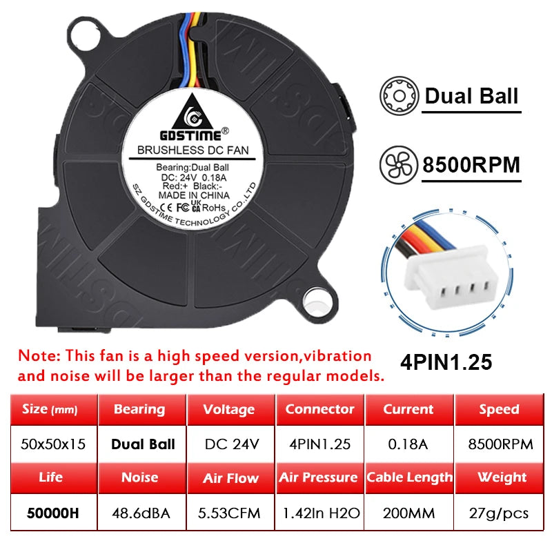 Gdstime DC 5V 12V 24V 50x50x15mm Dual Ball Cooler 2Pin USB Radial Fan 5015 Turbo Blower 5cm 50mm Radiator for 3D Printer Cooling