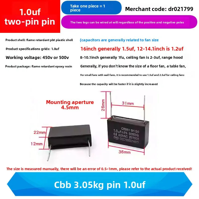 CBB61 Fan Air Conditioner Starting Capacitor 450V 1/1.2/1.5/2/2.5/3/3.5/4/4.5/5/6/7/8/10/12UF Ceiling Fan Hood Motor Capacitor