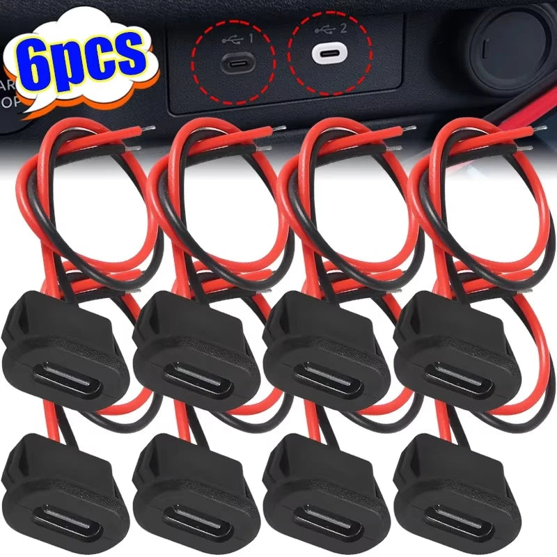 Waterproof USB Type C Female Socket, 2-Pin 3A Fast Charging Port, Direct Crimp Mount for Cable Repair & DIY Extension