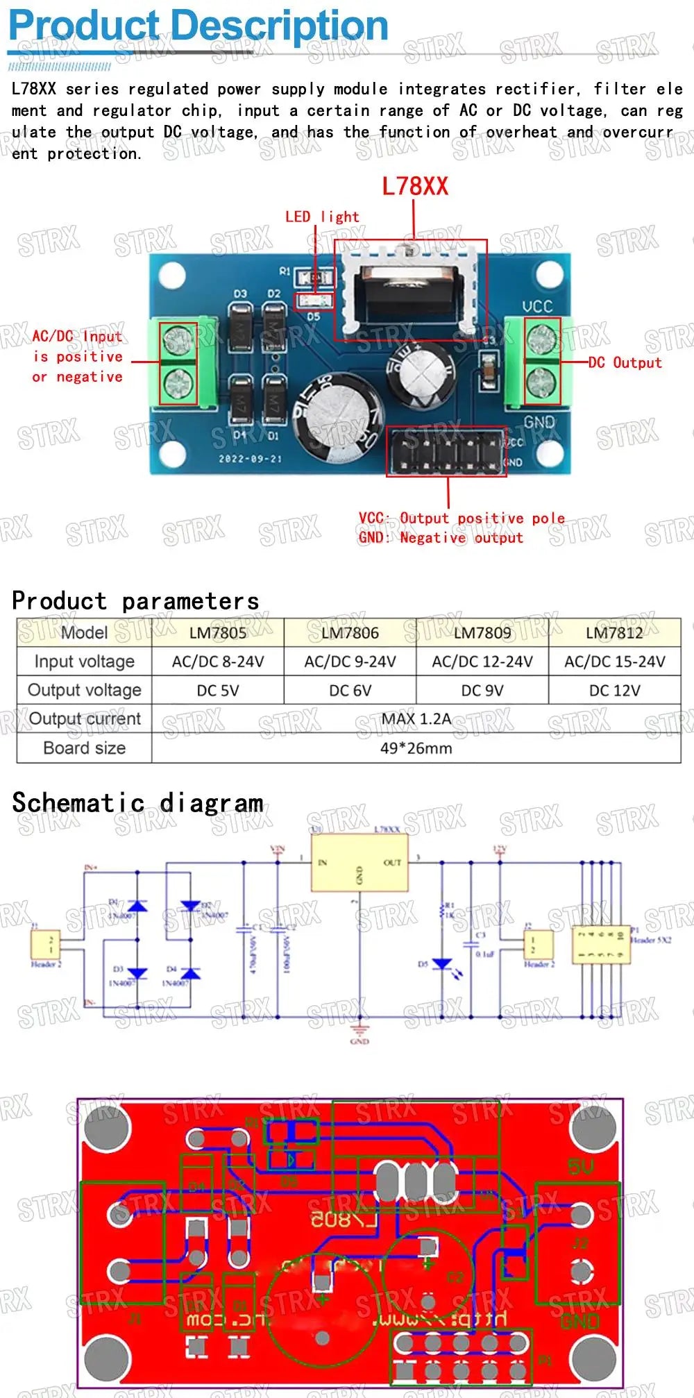 LM7805 LM7809 LM7812 DC/AC Three Terminal Voltage Regulator Power Supply Module 5V 9V 12V Output Max 1.2A