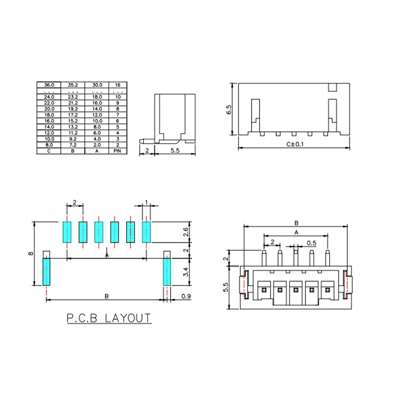100pcs PH2,0mm 2p 3p 4p 5p 6p 7p 8p 9-poliger 10-poliger vertikaler smd-Kabelst ecker Klemmenst ecker Pin-Header-Steck verbinder