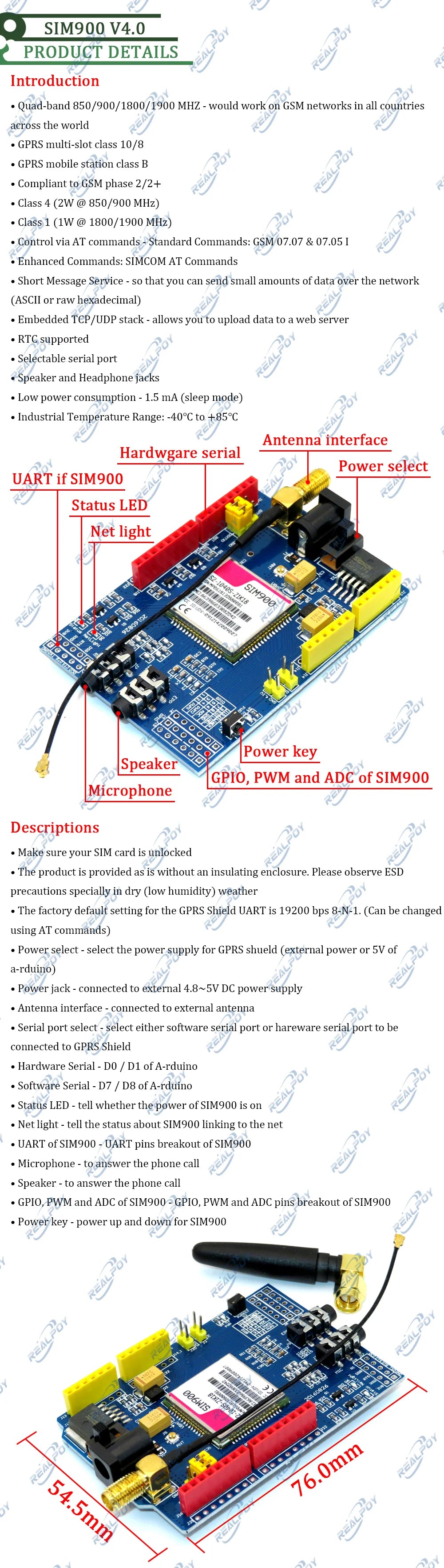 SIM900A / SIM900 V4.0 GPRS/GSM Shield Development Board Quad-Band Module For Arduino Compatible