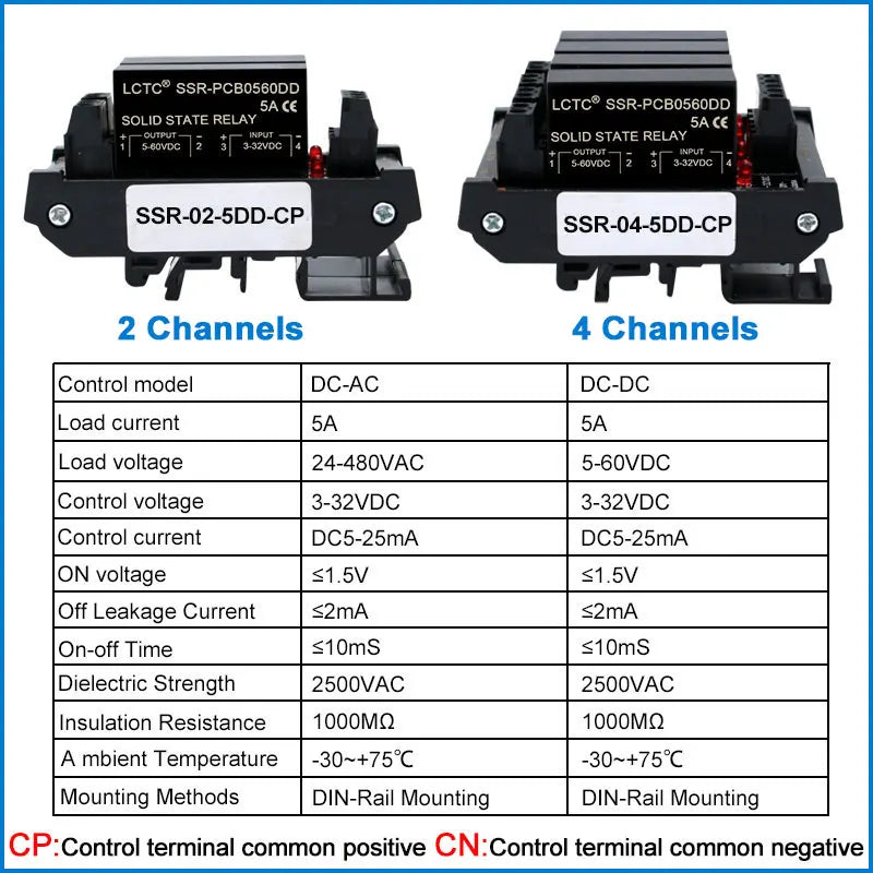 LCTC Solid State Relay Module 2 Or 4 Channels Relay DC TO AC DC TO DC 5A Common Positive Common Negative SSR DIN Mounted Relay