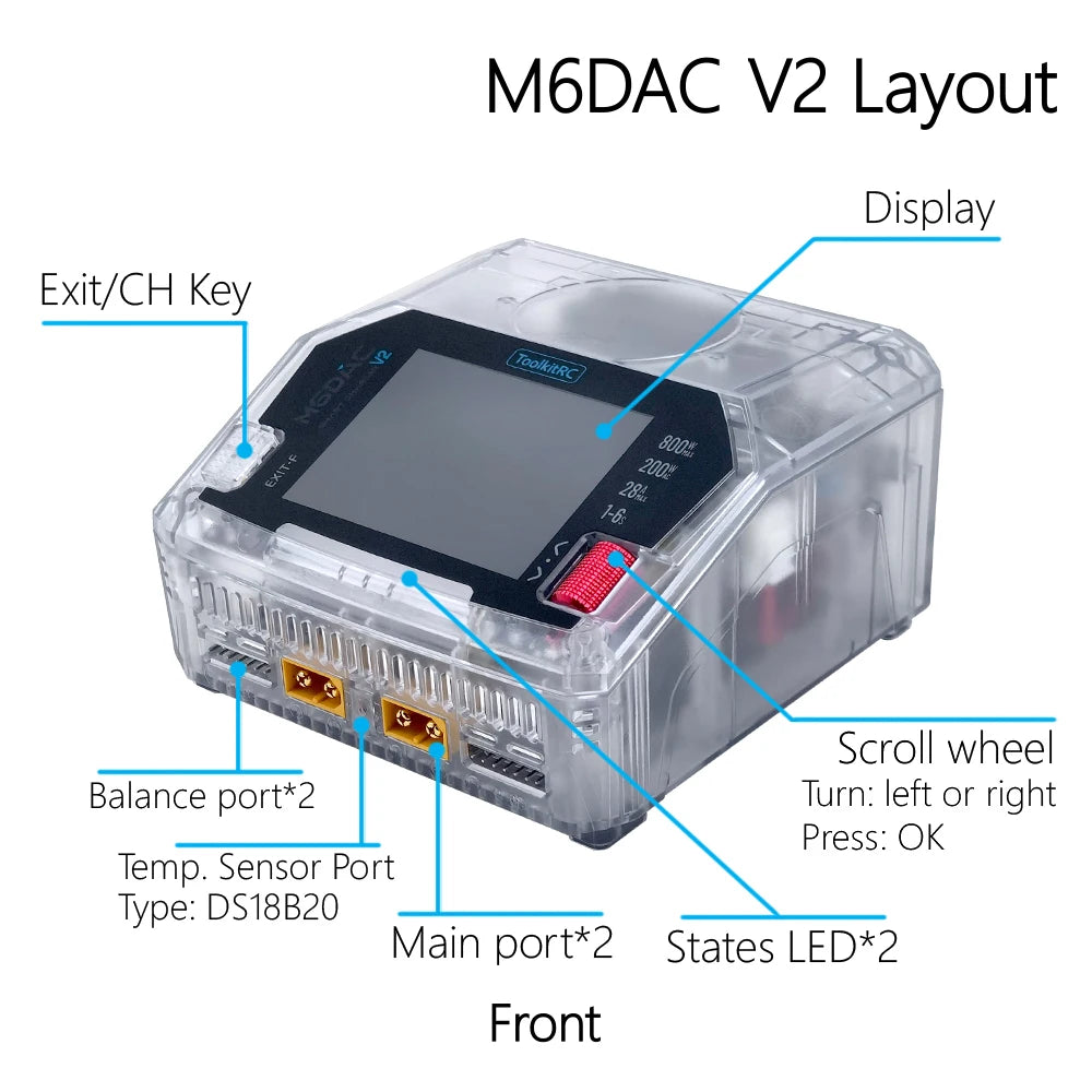 ToolkitRC M6DAC V2 TRN Charger 2CH AC200W Transparent Color DC800W IPS Model Toy Car Lithium Battery Charging 1S 2-6S LiPo LiHv