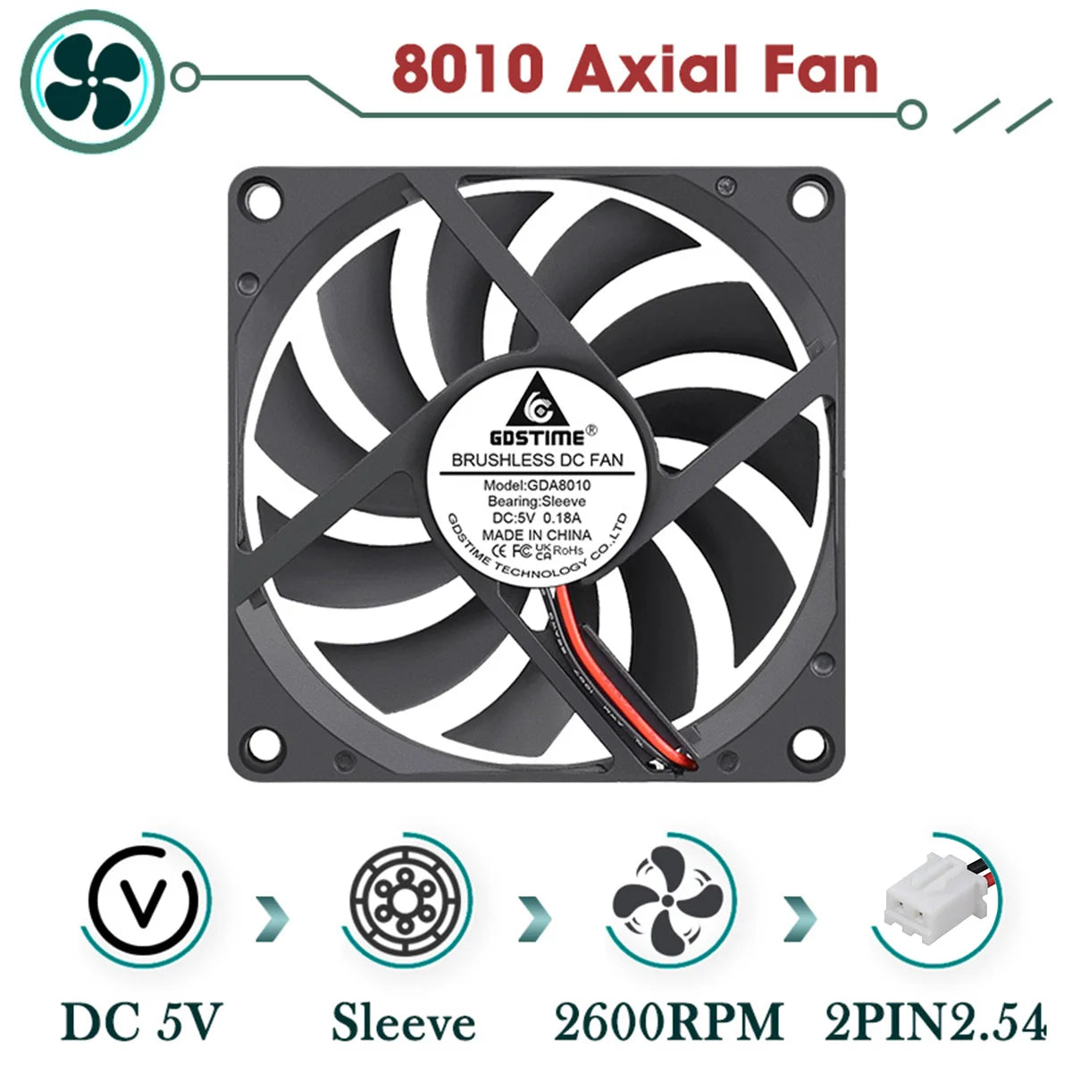 Gdstime 80mm Fan DC 5V 12V 24V 80x80x10MM Brushless Cooling Fan 8010 Double Ball Cooler 8CM Axial Fan for PC Case CPU Cooling