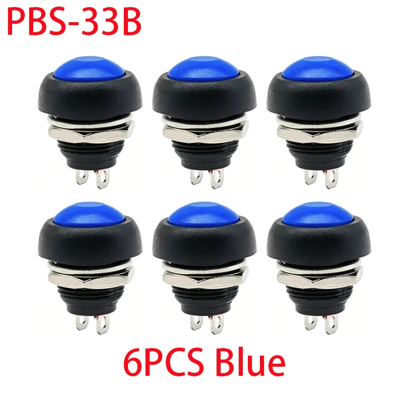 6PCS PBS-33B 12mm 2Pin Waterproof Momentary Push Button Switch 12V 1A Mini Reset Non-Locking Red Green Yellow Blue White Black