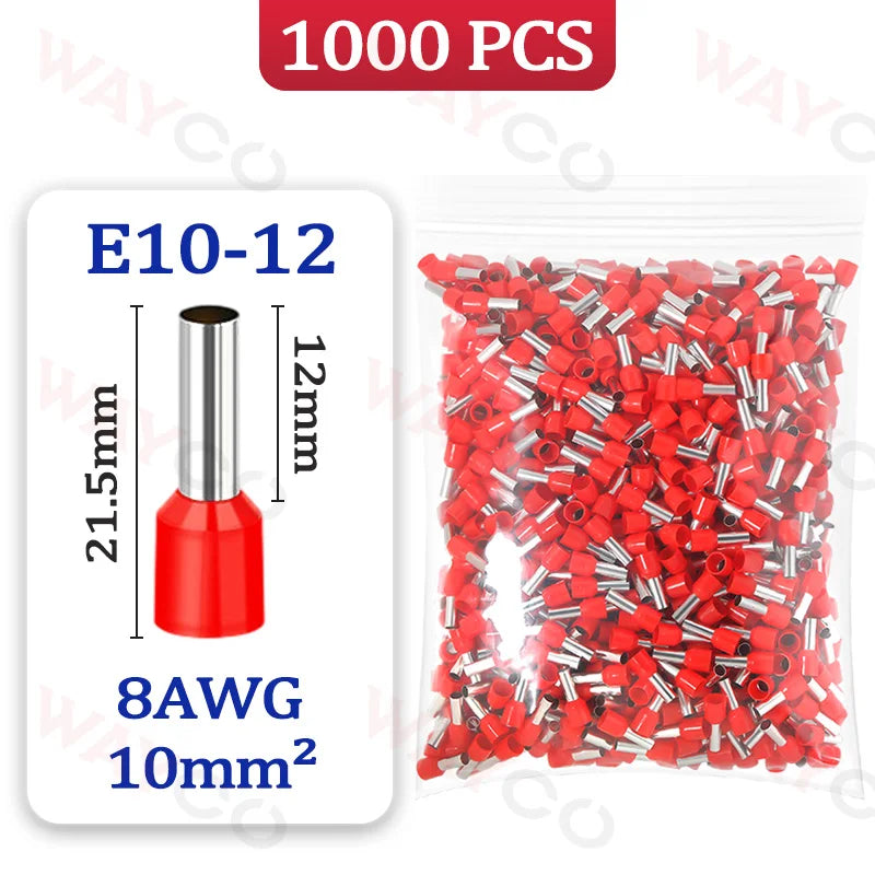 1000PCS Tubular Crimp Terminals Electrical Wire Cable Ferrules Connectors E0508 E7508 E1008 E1508 E2508 E4009 E6012 Ring Sleeve