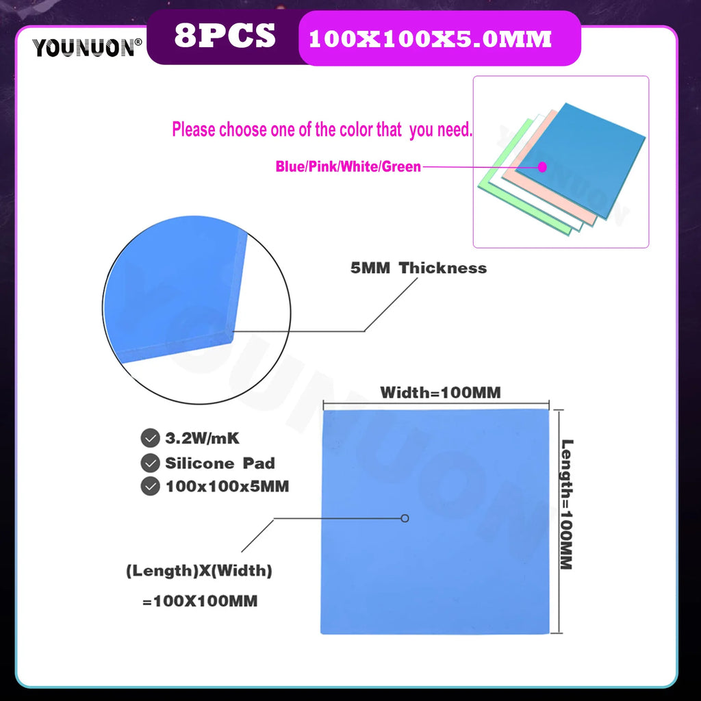 8 Pieces 100x100x0.5mm 1mm 1.5mm 2mm 2.5mm 3mm 4mm 5mm Blue White Green Combination Thermal Pads Cooling Conductive Silicone