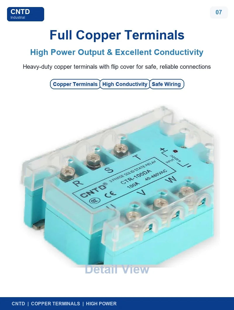 CNTD CTR-100DA 3 Phase Solid State Relay 100A 40-480V AC DC Control SSR Zero Crossing Industrial Relay for Heater Motor