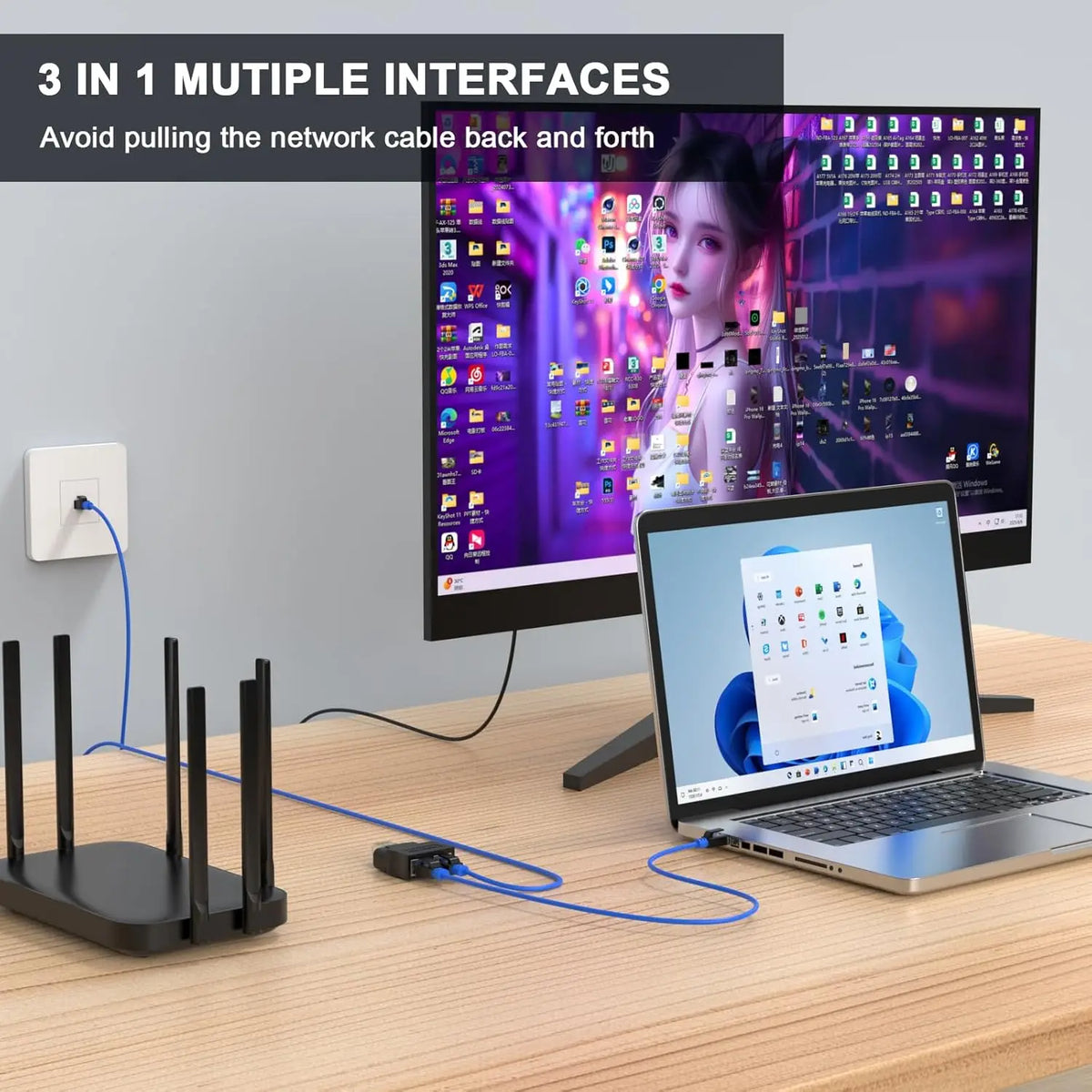 RJ45 8P8C Eight Core Network Cable Splitter Network Tee 1 Male to 2 Female Adapter Network Extender CAT6/CAT5