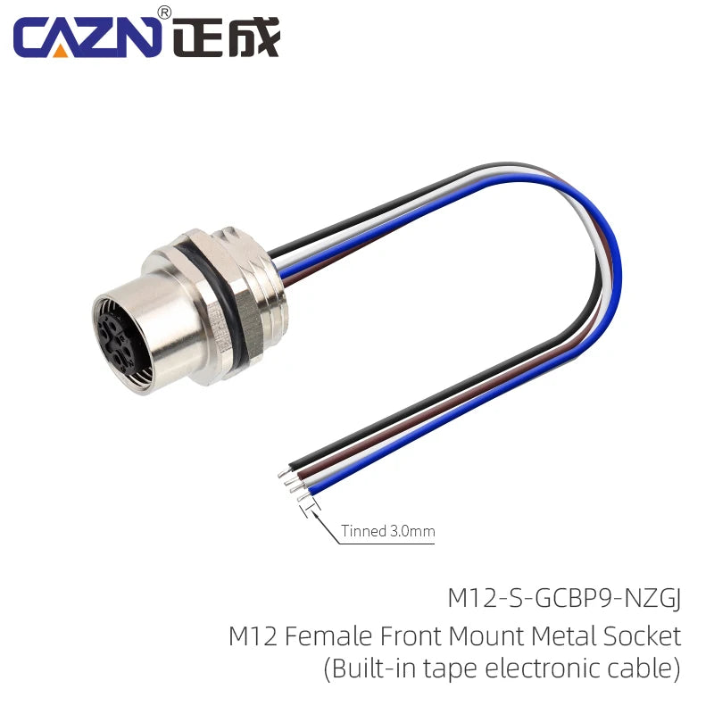 M12 Panel Male Female  Metal Front Mount Socket Solder 4 6 8 12 Pin Receptacle Straight Circular Connectors With 30cm Wires