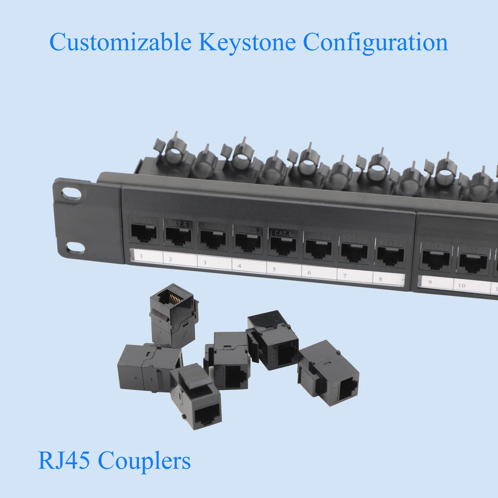 24/48 Port Patch Panel Cat6 RJ45 Coupler with Inline Keystone 10G 19" Patch Panel Removable Back Bar Ethernet Distribution Frame