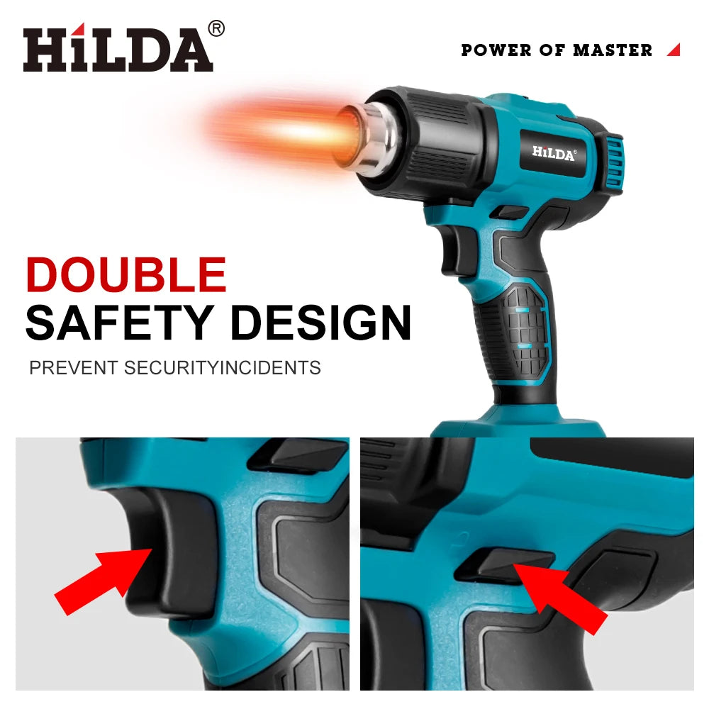 HILDA 21V Handheld Hot Air Gun Temperature Rechargeable Cordless for Makita Battery Electric Heat Gun with Nozzles