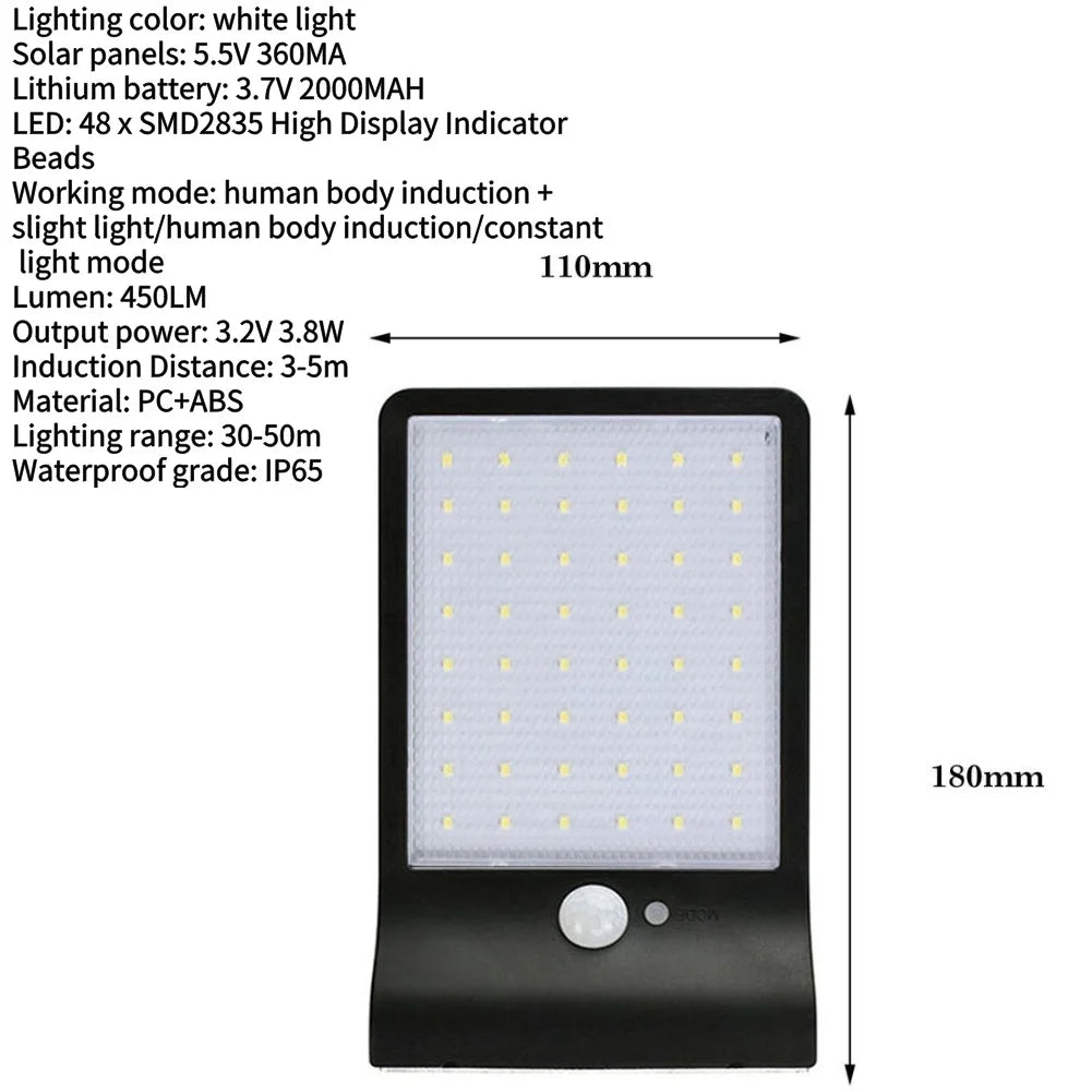 48 LEDs Solar Powered 3 Modes IP65 Waterproof Motion Sensor Lights Outdoor Lamps