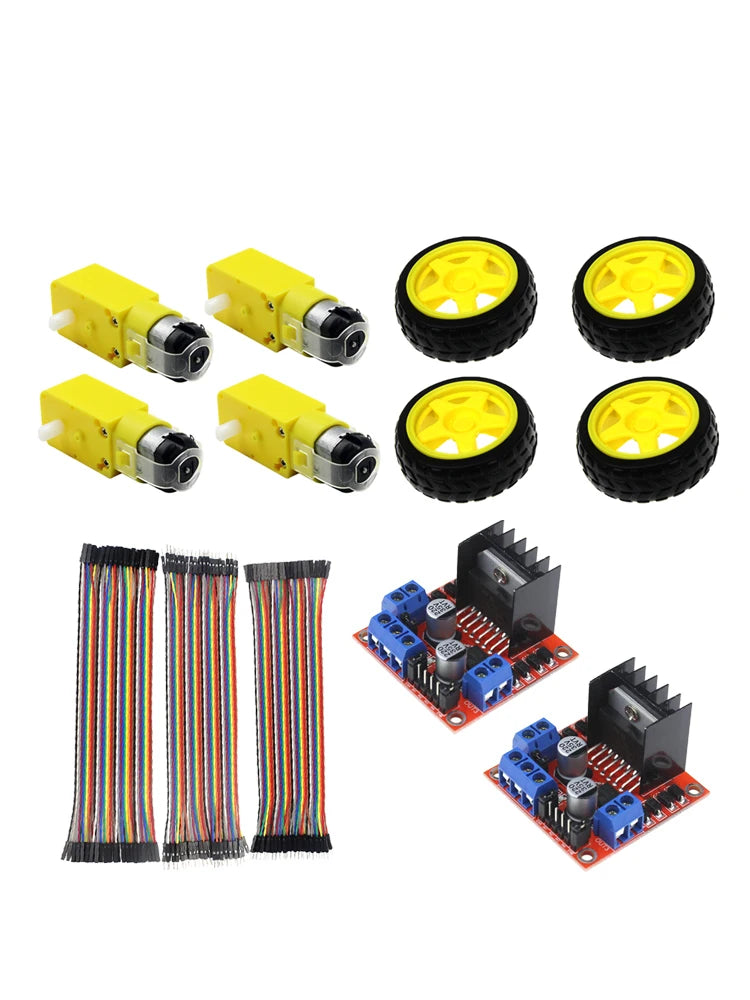 4-Wheel Robot Kit with Motor 3 DuPont Wires 2 L298N Motor Drive Modules for DIY Educational Science Projects