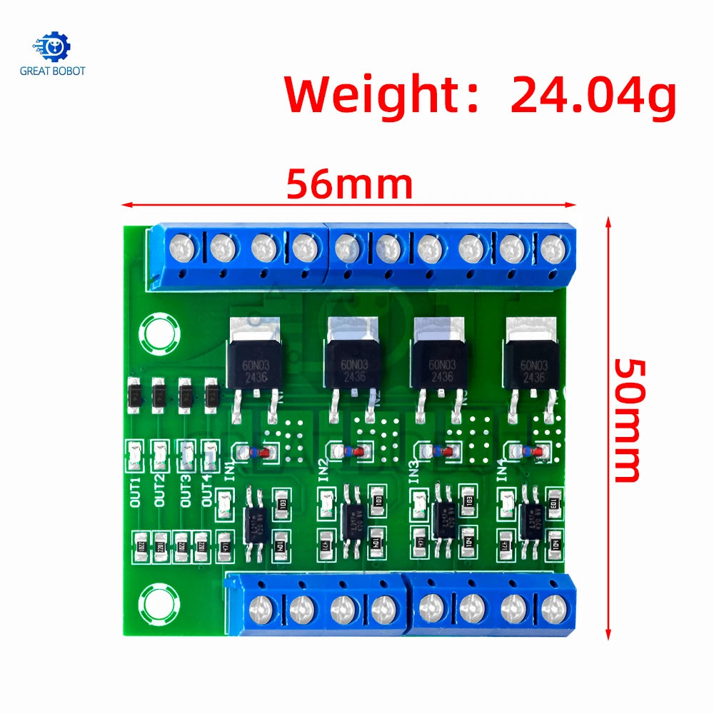 MOSFET 4-Channel Pulse-Triggered Switch Controller Board with PWM and Optocoupler Isolation for Motor and LED Lighting DC5V-20V