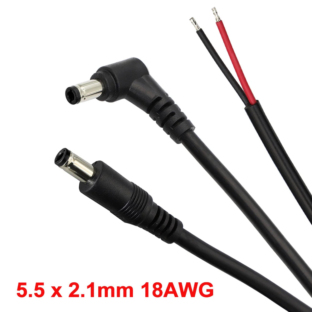 DC 5.5 X 2.1mm Male Plug to Bare Wire Open End Power Wire Supply Repair Cable 18 AWG DC5521 Connector Straight/Elbow 29cm