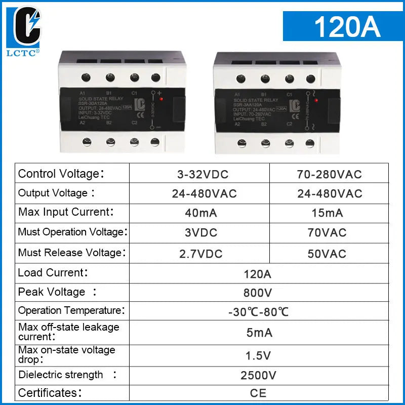 LCTC 3-Phase  SSR10A 25A 40A 60A 80A 100A 120A DC to AC AC to AC DC to DC Solid State Relay Zero-crossing Relay 3-32VDC