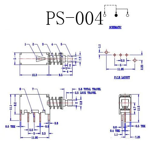 5PCS Spring Switch 22x5x8mm Reed Switch Latching Self-locking Plastic Push Button Switch 3Pin DIP PS-004