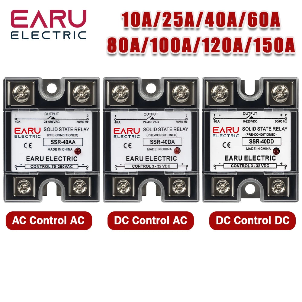 EARU Single Phase Solid State Relay Module SSR-25DA SSR-40DA SSR-40AA SSR-40DD SSR 10A/25A/40A/60A/80A/100A/120A/150A DD DA AA