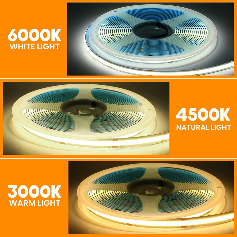 12V 5V USB COB LED Strip Light With 2Pin Wire 320 384 480 528 LEDs Flexible Tape Linear Lighting Warm White Pink Blue Red Yellow