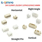 50pcs MX1.25 SH1.0 ZH1.5 PH2.0 XH2.54 VH3.96mm Straight DIP Right Angle Vertical SMT Horizontal SMD Male Wafer Connector