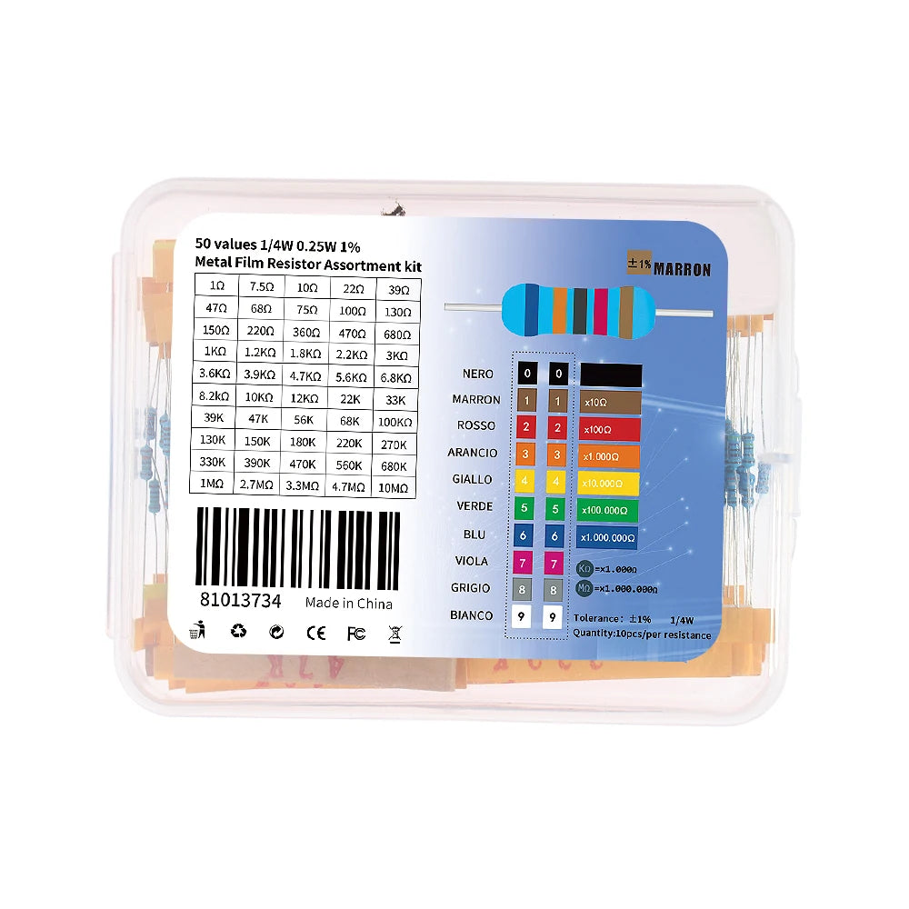500/2500PCS Metal Film Resistor Assorted Kit 1/4W 1% 1R~10M ohm Resistance Diy Electronic Kit