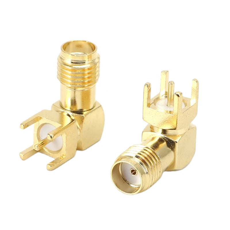 50Pcs Brass SMA PCB Female Connector 90 Degree Angle Gold-Plated RF Socket RP-SMA PCB Mount 4 Pins Stand