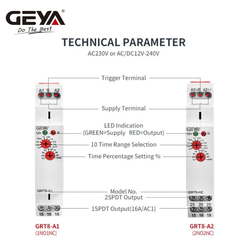 GEYA GRT8-A Electronic 16A SPDT ON Delay Timer Relay Time Relay 12V 24V 220V DIN Rail Type AC230V OR AC/DC12-240V