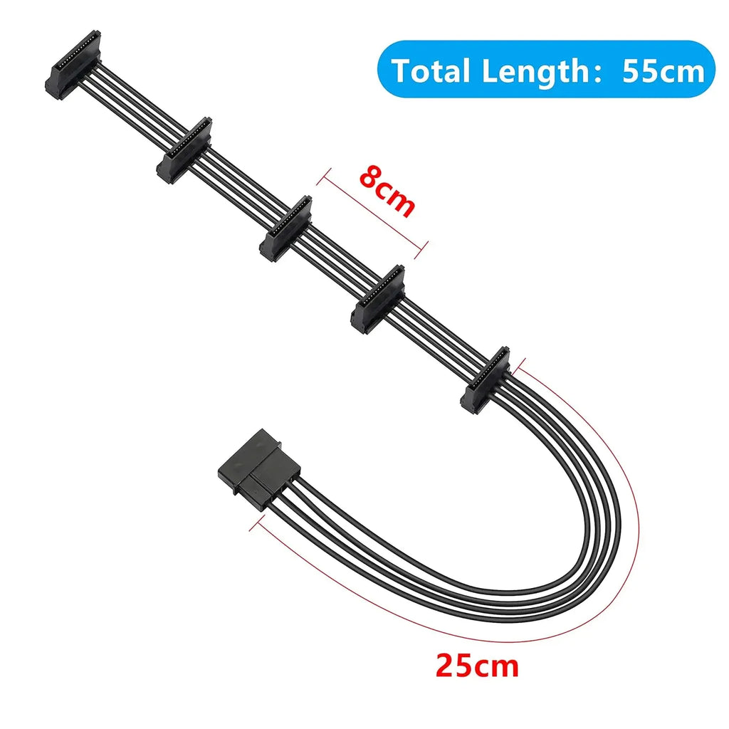 High Quality 1 Pcs Practical Durable PC Server 4 Pins IDE Molex 1 to 5 SATA Power Cable Adapter Splitter Cables 18AWG Black 40cm