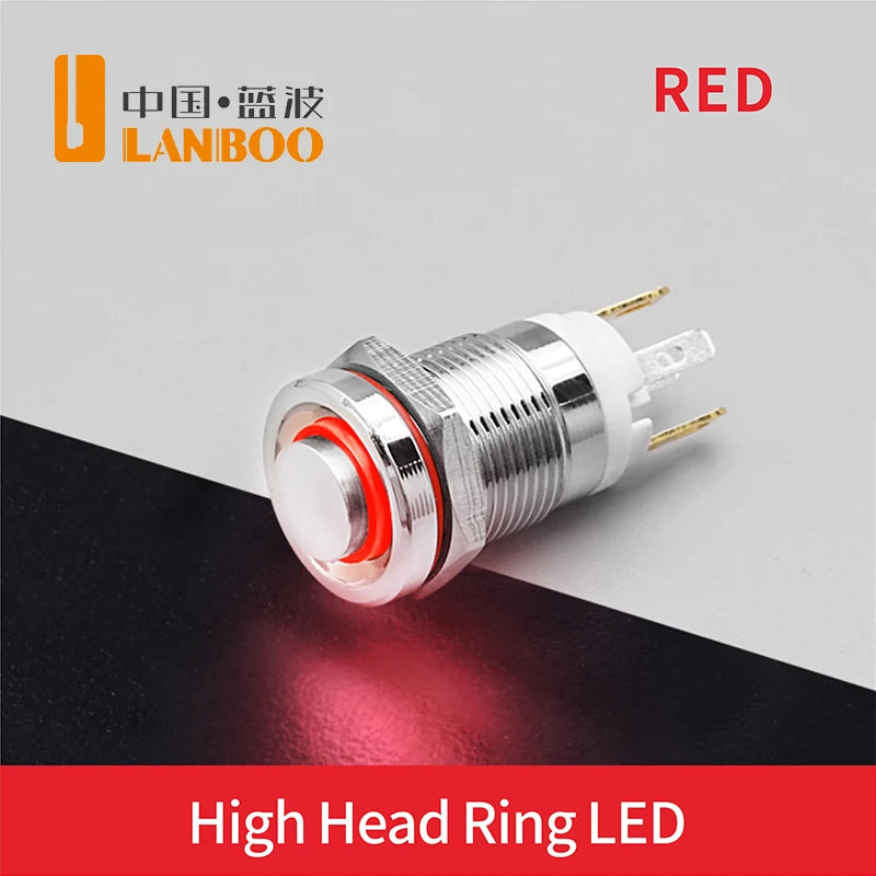 LANBOO 12E 7A High Current 4 Pin Switch Waterproof IP65 Latching or Momentary Micro Metal Push Button Switch with LED 24V220V
