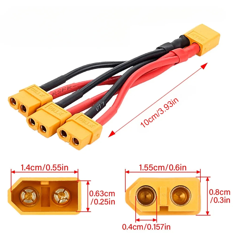 XT60 Parallel Battery Connector 3-Way 12AWG Silicone Wire Male/Female Dual Extension Y Splitter 100mm for Battery Charger Motor